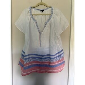 Talbots Womens Red White Blue Linen  Tunic Top Split Neck Size XL Coastal Beachy